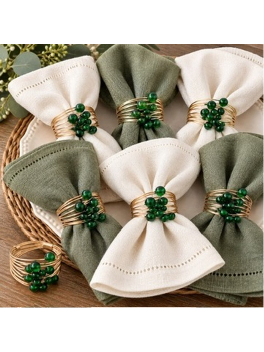 Mid Century Beaded Gold Wire Napkin Rings 10 Emerald Green Cluster Table Decor